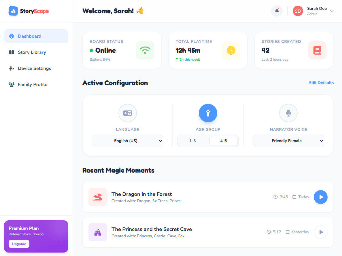 StoryBoard parent dashboard preview